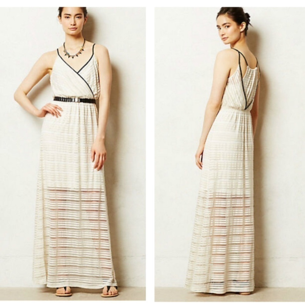 ANTHROPOLOGY MAEVE Racerback oatmeal sheer woman poly flax blend maxi dress XS